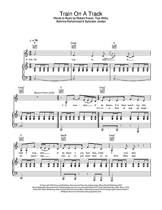 Preview Kelly Rowland Train On A Track R & B sheet music, notes and chords for Piano, Vocal & Guitar, SKU: 25067 sheet music, piano notes, chords, guitar tabs, score, transpose, transcribe, how to play, guide, download, learn, tutorial, progression, song, artist, awards, billboard, mtv, vh1, tour, single, album, release