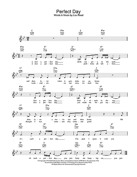Preview Lou Reed Perfect Day Rock sheet music, notes and chords for Melody Line, Lyrics & Chords, SKU: 25070 sheet music, piano notes, chords, guitar tabs, score, transpose, transcribe, how to play, guide, download, learn, tutorial, progression, song, artist, awards, billboard, mtv, vh1, tour, single, album, release