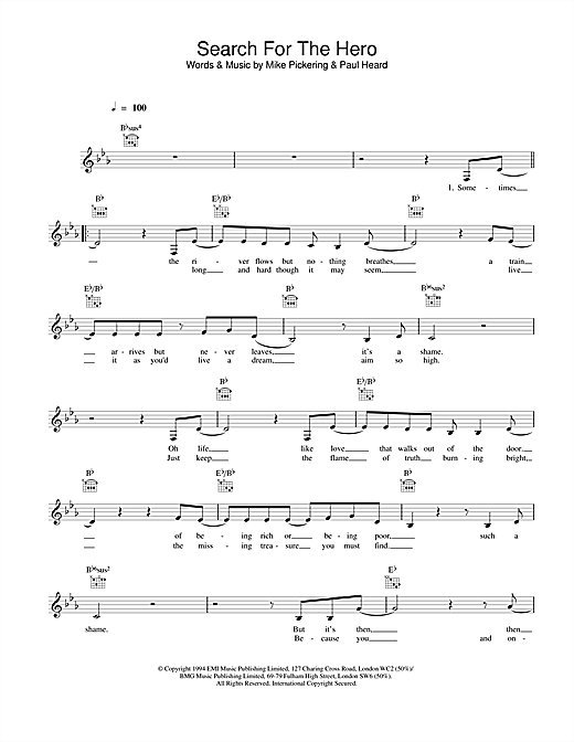 Preview M People Search For The Hero Pop sheet music, notes and chords for Melody Line, Lyrics & Chords, SKU: 25071 sheet music, piano notes, chords, guitar tabs, score, transpose, transcribe, how to play, guide, download, learn, tutorial, progression, song, artist, awards, billboard, mtv, vh1, tour, single, album, release