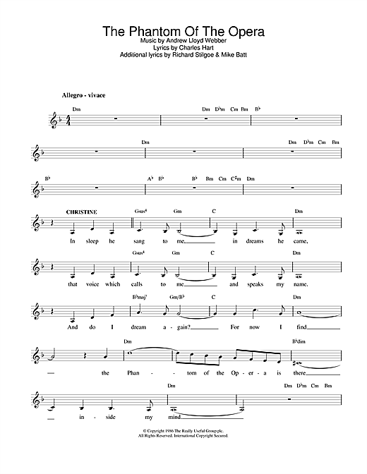 Preview Andrew Lloyd Webber The Phantom Of The Opera Musicals sheet music, notes and chords for Melody Line, Lyrics & Chords, SKU: 25073 sheet music, piano notes, chords, guitar tabs, score, transpose, transcribe, how to play, guide, download, learn, tutorial, progression, song, artist, awards, billboard, mtv, vh1, tour, single, album, release