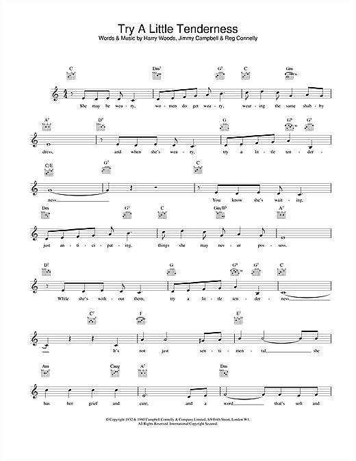 Preview The Commitments Try A Little Tenderness Pop sheet music, notes and chords for Melody Line, Lyrics & Chords, SKU: 25074 sheet music, piano notes, chords, guitar tabs, score, transpose, transcribe, how to play, guide, download, learn, tutorial, progression, song, artist, awards, billboard, mtv, vh1, tour, single, album, release