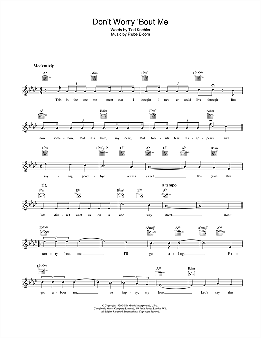 Preview Frank Sinatra Don't Worry 'Bout Me Jazz sheet music, notes and chords for Melody Line, Lyrics & Chords, SKU: 25075 sheet music, piano notes, chords, guitar tabs, score, transpose, transcribe, how to play, guide, download, learn, tutorial, progression, song, artist, awards, billboard, mtv, vh1, tour, single, album, release