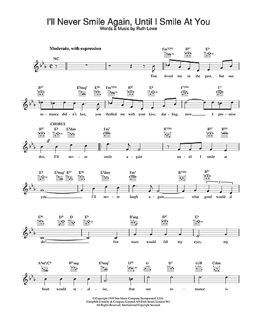 Preview Frank Sinatra I'll Never Smile Again, Until I Smile At You Jazz sheet music, notes and chords for Melody Line, Lyrics & Chords, SKU: 25078 sheet music, piano notes, chords, guitar tabs, score, transpose, transcribe, how to play, guide, download, learn, tutorial, progression, song, artist, awards, billboard, mtv, vh1, tour, single, album, release