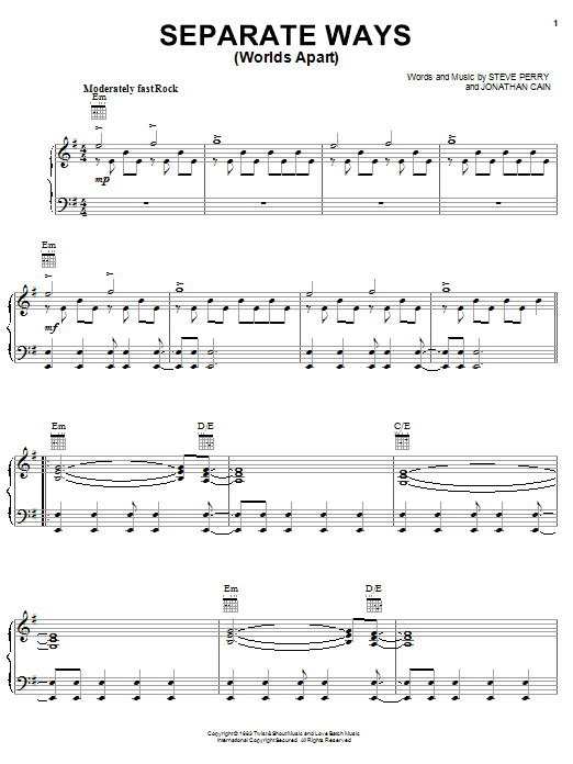 Preview Journey Separate Ways (Worlds Apart) Rock sheet music, notes and chords for Piano, Vocal & Guitar (Right-Hand Melody), SKU: 25083 sheet music, piano notes, chords, guitar tabs, score, transpose, transcribe, how to play, guide, download, learn, tutorial, progression, song, artist, awards, billboard, mtv, vh1, tour, single, album, release