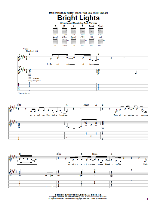 Preview Matchbox Twenty Bright Lights Rock sheet music, notes and chords for Guitar Tab, SKU: 25085 sheet music, piano notes, chords, guitar tabs, score, transpose, transcribe, how to play, guide, download, learn, tutorial, progression, song, artist, awards, billboard, mtv, vh1, tour, single, album, release