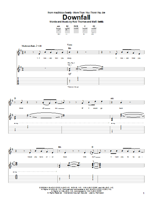 Preview Matchbox Twenty Downfall Rock sheet music, notes and chords for Guitar Tab, SKU: 25088 sheet music, piano notes, chords, guitar tabs, score, transpose, transcribe, how to play, guide, download, learn, tutorial, progression, song, artist, awards, billboard, mtv, vh1, tour, single, album, release