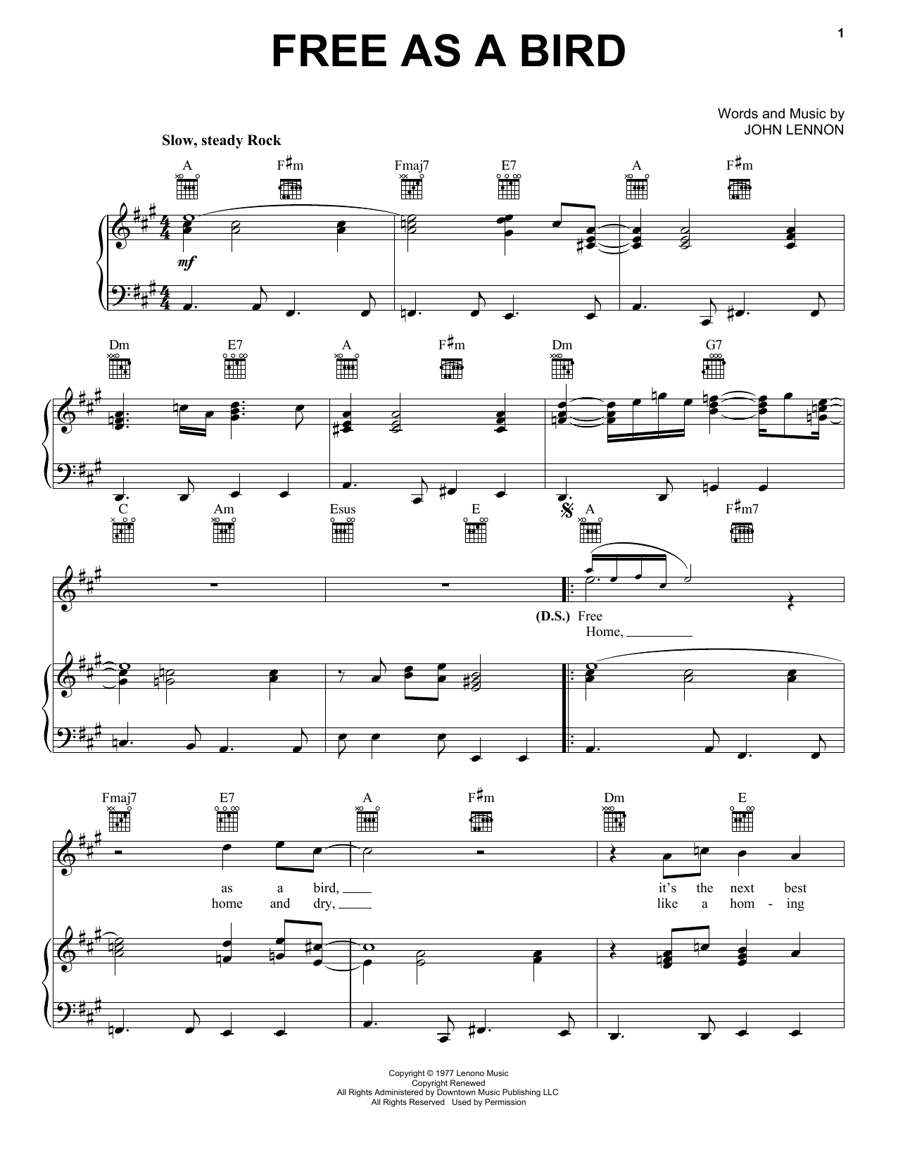 Preview The Beatles Free As A Bird Rock sheet music, notes and chords for Piano, Vocal & Guitar (Right-Hand Melody), SKU: 250968 sheet music, piano notes, chords, guitar tabs, score, transpose, transcribe, how to play, guide, download, learn, tutorial, progression, song, artist, awards, billboard, mtv, vh1, tour, single, album, release