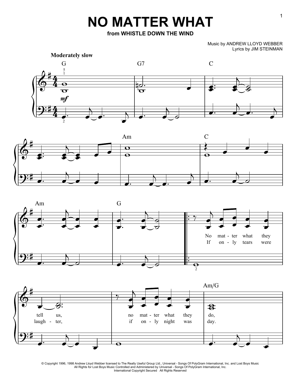 Preview Andrew Lloyd Webber No Matter What Musicals sheet music, notes and chords for Easy Piano, SKU: 25098 sheet music, piano notes, chords, guitar tabs, score, transpose, transcribe, how to play, guide, download, learn, tutorial, progression, song, artist, awards, billboard, mtv, vh1, tour, single, album, release