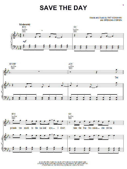 Preview Train Save The Day Rock sheet music, notes and chords for Piano, Vocal & Guitar (Right-Hand Melody), SKU: 25110 sheet music, piano notes, chords, guitar tabs, score, transpose, transcribe, how to play, guide, download, learn, tutorial, progression, song, artist, awards, billboard, mtv, vh1, tour, single, album, release