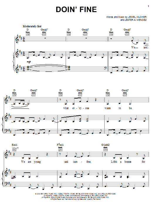 Preview Jewel Doin' Fine Pop sheet music, notes and chords for Piano, Vocal & Guitar (Right-Hand Melody), SKU: 25116 sheet music, piano notes, chords, guitar tabs, score, transpose, transcribe, how to play, guide, download, learn, tutorial, progression, song, artist, awards, billboard, mtv, vh1, tour, single, album, release
