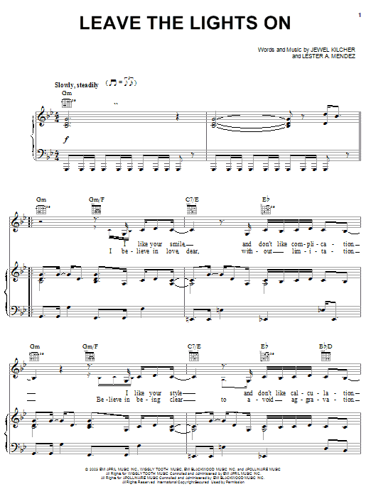 Preview Jewel Leave The Lights On Pop sheet music, notes and chords for Piano, Vocal & Guitar (Right-Hand Melody), SKU: 25118 sheet music, piano notes, chords, guitar tabs, score, transpose, transcribe, how to play, guide, download, learn, tutorial, progression, song, artist, awards, billboard, mtv, vh1, tour, single, album, release