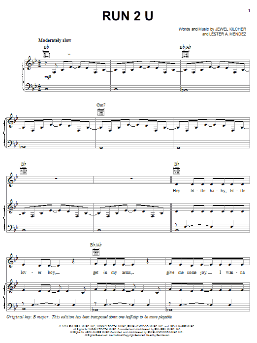Preview Jewel Run 2 U Pop sheet music, notes and chords for Piano, Vocal & Guitar (Right-Hand Melody), SKU: 25119 sheet music, piano notes, chords, guitar tabs, score, transpose, transcribe, how to play, guide, download, learn, tutorial, progression, song, artist, awards, billboard, mtv, vh1, tour, single, album, release