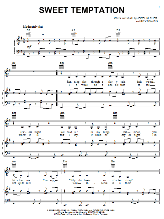 Preview Jewel Sweet Temptation Pop sheet music, notes and chords for Piano, Vocal & Guitar (Right-Hand Melody), SKU: 25124 sheet music, piano notes, chords, guitar tabs, score, transpose, transcribe, how to play, guide, download, learn, tutorial, progression, song, artist, awards, billboard, mtv, vh1, tour, single, album, release