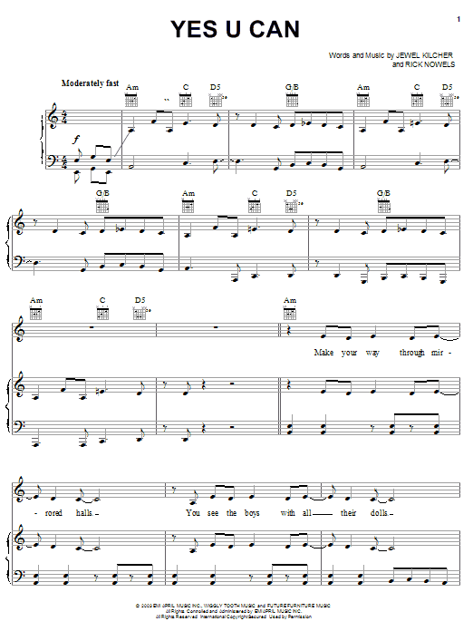 Preview Jewel Yes U Can Pop sheet music, notes and chords for Piano, Vocal & Guitar (Right-Hand Melody), SKU: 25125 sheet music, piano notes, chords, guitar tabs, score, transpose, transcribe, how to play, guide, download, learn, tutorial, progression, song, artist, awards, billboard, mtv, vh1, tour, single, album, release