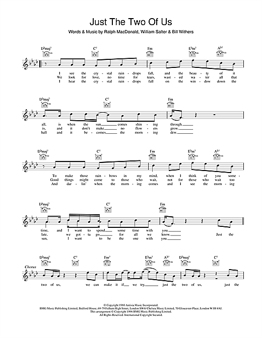 Preview Bill Withers Just The Two Of Us Soul sheet music, notes and chords for Melody Line, Lyrics & Chords, SKU: 25126 sheet music, piano notes, chords, guitar tabs, score, transpose, transcribe, how to play, guide, download, learn, tutorial, progression, song, artist, awards, billboard, mtv, vh1, tour, single, album, release