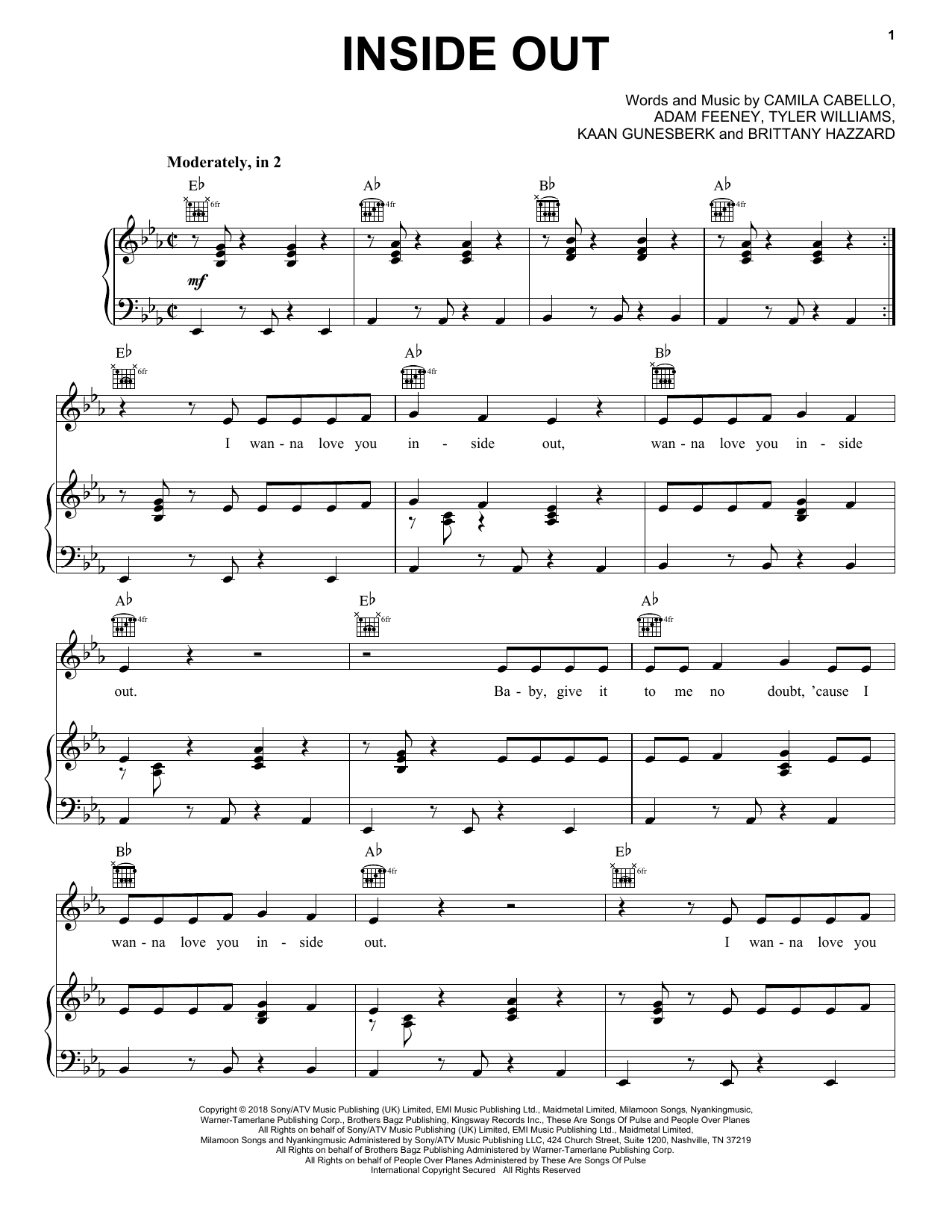 Preview Camila Cabello Inside Out Pop sheet music, notes and chords for Piano, Vocal & Guitar (Right-Hand Melody), SKU: 251277 sheet music, piano notes, chords, guitar tabs, score, transpose, transcribe, how to play, guide, download, learn, tutorial, progression, song, artist, awards, billboard, mtv, vh1, tour, single, album, release