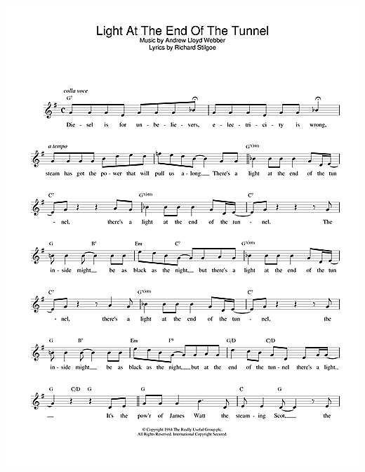 Preview Andrew Lloyd Webber Light At The End Of The Tunnel (from Starlight Express) Musicals sheet music, notes and chords for Melody Line, Lyrics & Chords, SKU: 25127 sheet music, piano notes, chords, guitar tabs, score, transpose, transcribe, how to play, guide, download, learn, tutorial, progression, song, artist, awards, billboard, mtv, vh1, tour, single, album, release