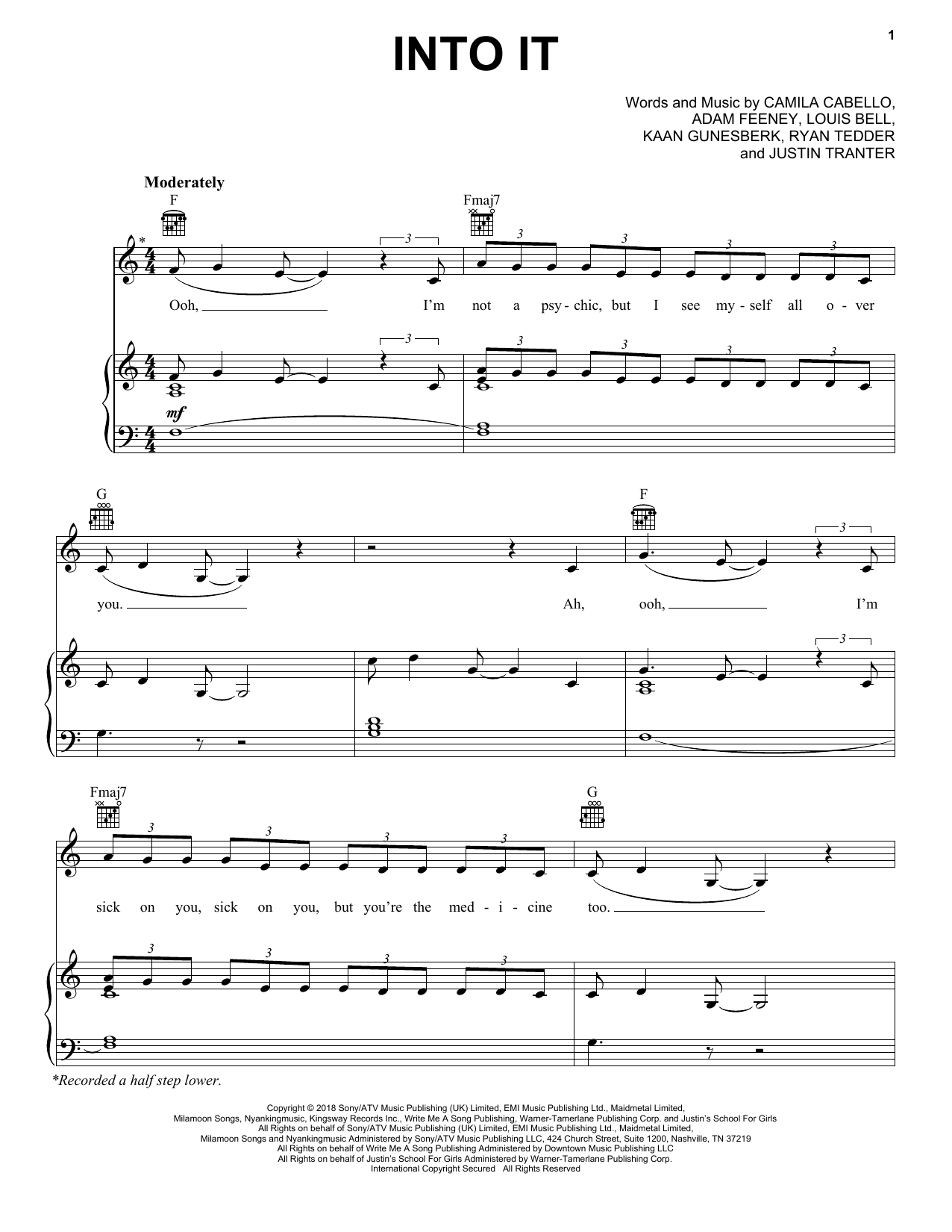 Preview Camila Cabello Into It Pop sheet music, notes and chords for Piano, Vocal & Guitar (Right-Hand Melody), SKU: 251281 sheet music, piano notes, chords, guitar tabs, score, transpose, transcribe, how to play, guide, download, learn, tutorial, progression, song, artist, awards, billboard, mtv, vh1, tour, single, album, release