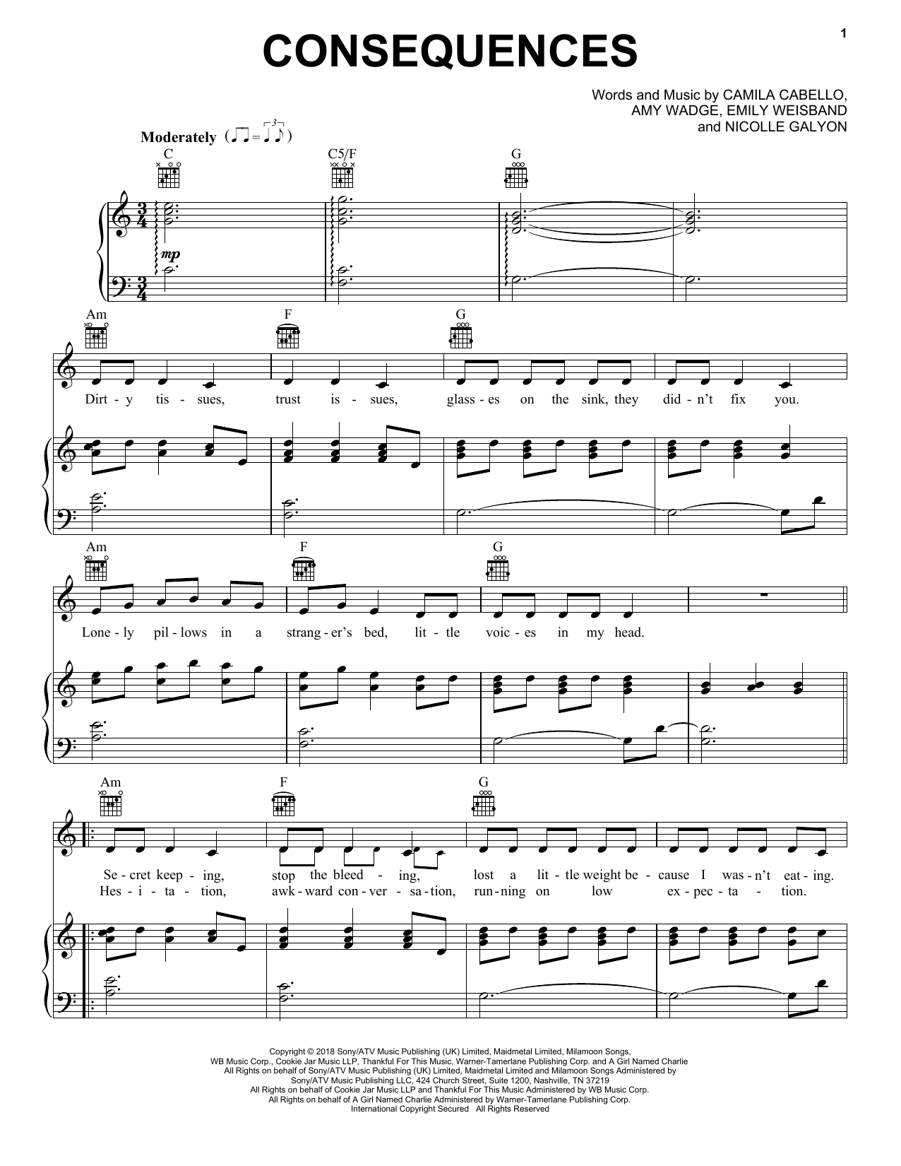 Preview Camila Cabello Consequences Pop sheet music, notes and chords for Piano, Vocal & Guitar (Right-Hand Melody), SKU: 251284 sheet music, piano notes, chords, guitar tabs, score, transpose, transcribe, how to play, guide, download, learn, tutorial, progression, song, artist, awards, billboard, mtv, vh1, tour, single, album, release