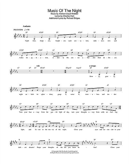 Preview Andrew Lloyd Webber The Music Of The Night (from The Phantom Of The Opera) Musicals sheet music, notes and chords for Melody Line, Lyrics & Chords, SKU: 25129 sheet music, piano notes, chords, guitar tabs, score, transpose, transcribe, how to play, guide, download, learn, tutorial, progression, song, artist, awards, billboard, mtv, vh1, tour, single, album, release
