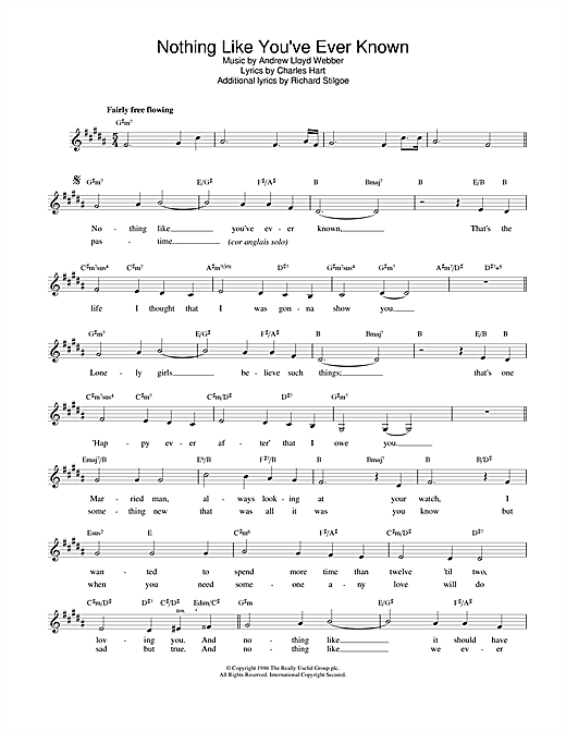 Preview Andrew Lloyd Webber Nothing Like You've Ever Known (from Tell Me On A Sunday) Musicals sheet music, notes and chords for Melody Line, Lyrics & Chords, SKU: 25131 sheet music, piano notes, chords, guitar tabs, score, transpose, transcribe, how to play, guide, download, learn, tutorial, progression, song, artist, awards, billboard, mtv, vh1, tour, single, album, release