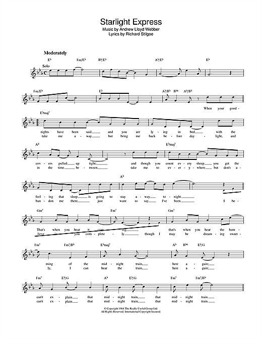 Preview Andrew Lloyd Webber Starlight Express Musicals sheet music, notes and chords for Melody Line, Lyrics & Chords, SKU: 25137 sheet music, piano notes, chords, guitar tabs, score, transpose, transcribe, how to play, guide, download, learn, tutorial, progression, song, artist, awards, billboard, mtv, vh1, tour, single, album, release