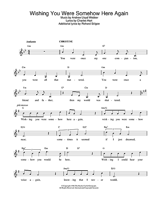 Preview Andrew Lloyd Webber Wishing You Were Somehow Here Again (from The Phantom Of The Opera) Musicals sheet music, notes and chords for Melody Line, Lyrics & Chords, SKU: 25138 sheet music, piano notes, chords, guitar tabs, score, transpose, transcribe, how to play, guide, download, learn, tutorial, progression, song, artist, awards, billboard, mtv, vh1, tour, single, album, release