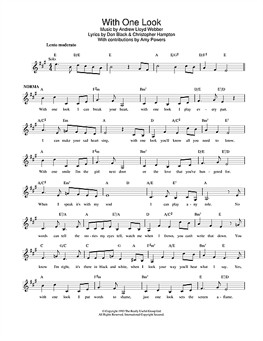 Preview Andrew Lloyd Webber With One Look (from Sunset Boulevard) Musicals sheet music, notes and chords for Melody Line, Lyrics & Chords, SKU: 25139 sheet music, piano notes, chords, guitar tabs, score, transpose, transcribe, how to play, guide, download, learn, tutorial, progression, song, artist, awards, billboard, mtv, vh1, tour, single, album, release