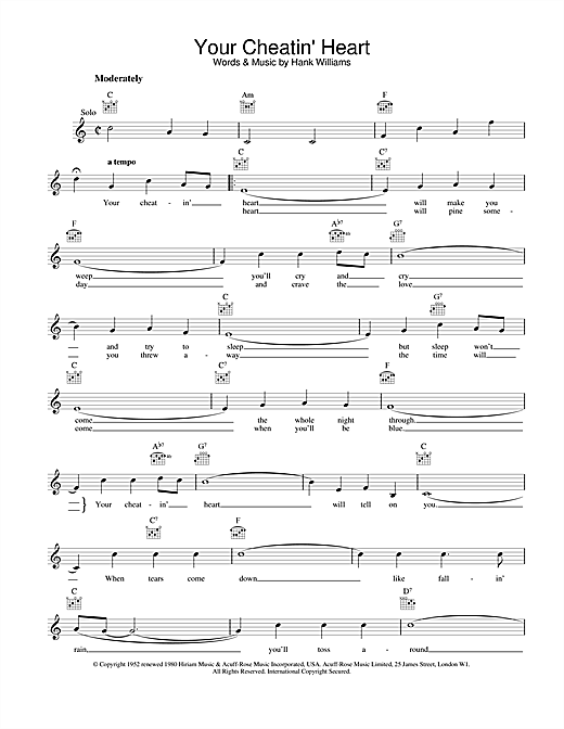Preview Hank Williams Your Cheatin' Heart Country sheet music, notes and chords for Melody Line, Lyrics & Chords, SKU: 25140 sheet music, piano notes, chords, guitar tabs, score, transpose, transcribe, how to play, guide, download, learn, tutorial, progression, song, artist, awards, billboard, mtv, vh1, tour, single, album, release
