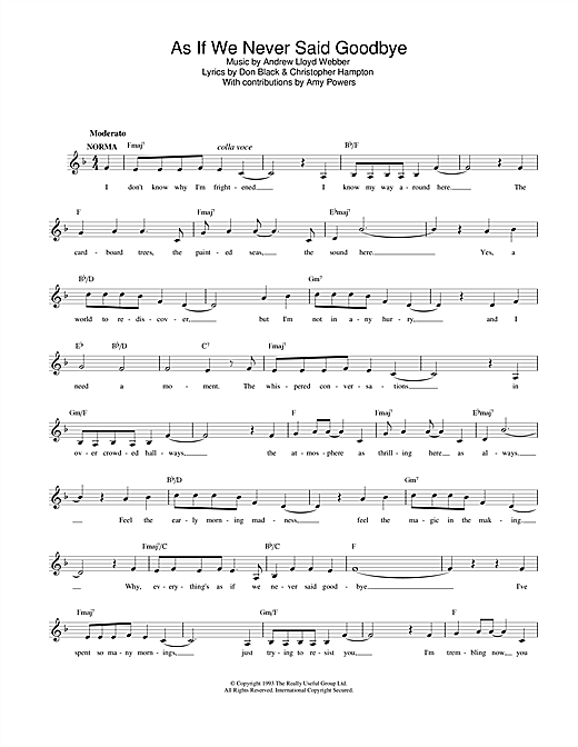 Preview Andrew Lloyd Webber As If We Never Said Goodbye (from Sunset Boulevard) Musicals sheet music, notes and chords for Melody Line, Lyrics & Chords, SKU: 25143 sheet music, piano notes, chords, guitar tabs, score, transpose, transcribe, how to play, guide, download, learn, tutorial, progression, song, artist, awards, billboard, mtv, vh1, tour, single, album, release