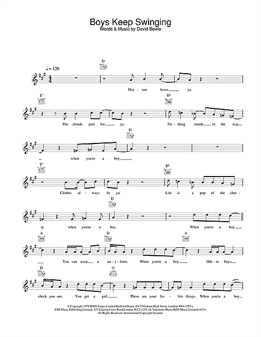 Preview David Bowie Boys Keep Swinging Rock sheet music, notes and chords for Melody Line, Lyrics & Chords, SKU: 25144 sheet music, piano notes, chords, guitar tabs, score, transpose, transcribe, how to play, guide, download, learn, tutorial, progression, song, artist, awards, billboard, mtv, vh1, tour, single, album, release