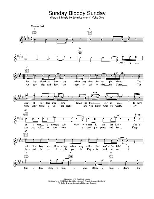 Preview John Lennon Sunday Bloody Sunday Pop sheet music, notes and chords for Melody Line, Lyrics & Chords, SKU: 25146 sheet music, piano notes, chords, guitar tabs, score, transpose, transcribe, how to play, guide, download, learn, tutorial, progression, song, artist, awards, billboard, mtv, vh1, tour, single, album, release