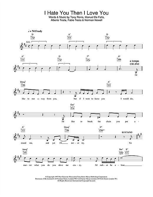 Preview Celine Dion I Hate You Then I Love You Pop sheet music, notes and chords for Melody Line, Lyrics & Chords, SKU: 25148 sheet music, piano notes, chords, guitar tabs, score, transpose, transcribe, how to play, guide, download, learn, tutorial, progression, song, artist, awards, billboard, mtv, vh1, tour, single, album, release