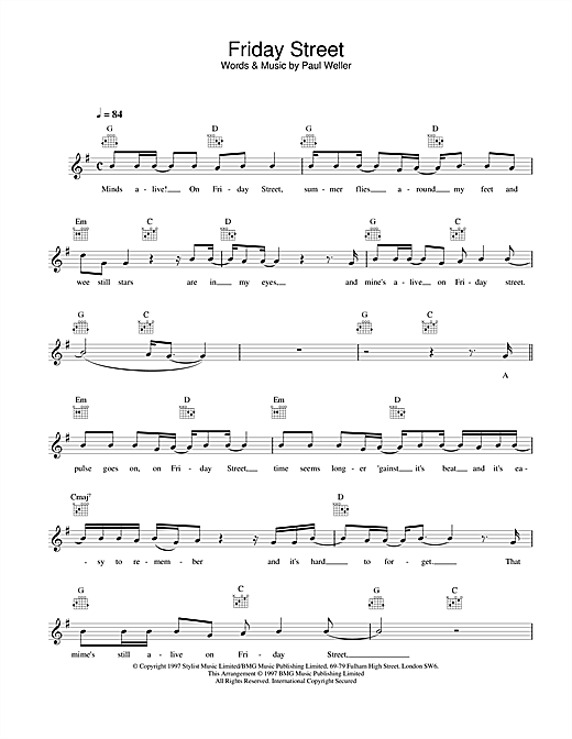 Preview Paul Weller Friday Street Rock sheet music, notes and chords for Melody Line, Lyrics & Chords, SKU: 25151 sheet music, piano notes, chords, guitar tabs, score, transpose, transcribe, how to play, guide, download, learn, tutorial, progression, song, artist, awards, billboard, mtv, vh1, tour, single, album, release