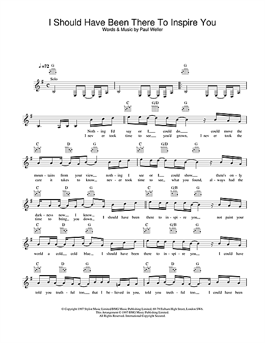 Preview Paul Weller I Should Have Been There To Inspire You Rock sheet music, notes and chords for Melody Line, Lyrics & Chords, SKU: 25152 sheet music, piano notes, chords, guitar tabs, score, transpose, transcribe, how to play, guide, download, learn, tutorial, progression, song, artist, awards, billboard, mtv, vh1, tour, single, album, release