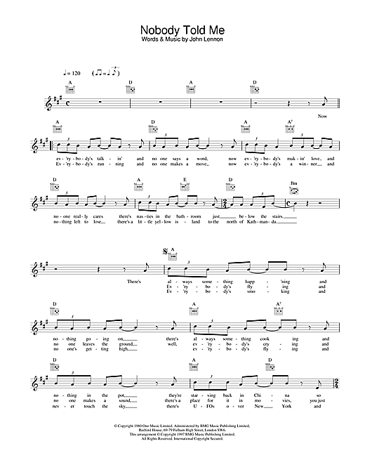 Preview John Lennon Nobody Told Me Pop sheet music, notes and chords for Melody Line, Lyrics & Chords, SKU: 25153 sheet music, piano notes, chords, guitar tabs, score, transpose, transcribe, how to play, guide, download, learn, tutorial, progression, song, artist, awards, billboard, mtv, vh1, tour, single, album, release