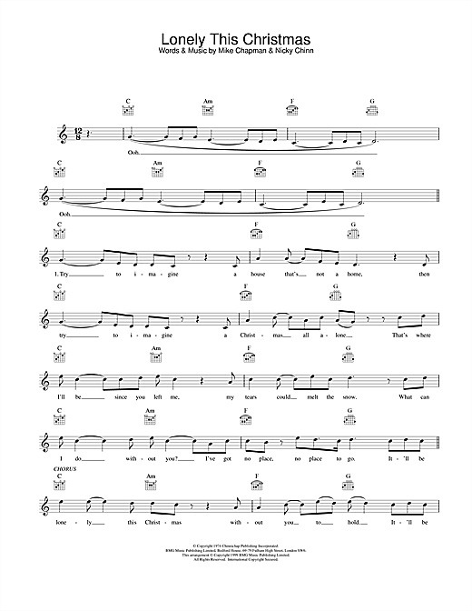 Preview Mud Lonely This Christmas Rock sheet music, notes and chords for Melody Line, Lyrics & Chords, SKU: 25154 sheet music, piano notes, chords, guitar tabs, score, transpose, transcribe, how to play, guide, download, learn, tutorial, progression, song, artist, awards, billboard, mtv, vh1, tour, single, album, release