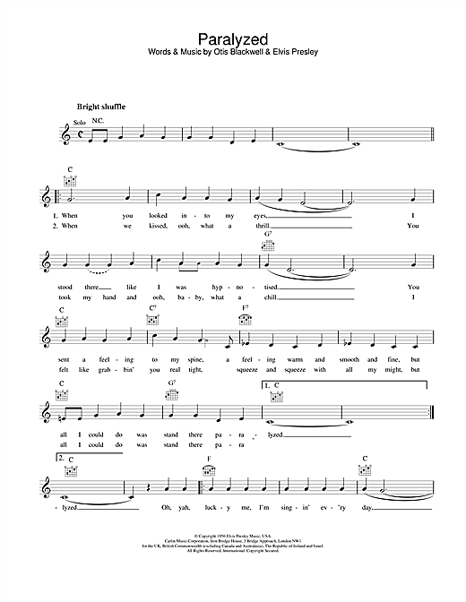 Preview Elvis Presley Paralyzed Pop sheet music, notes and chords for Melody Line, Lyrics & Chords, SKU: 25155 sheet music, piano notes, chords, guitar tabs, score, transpose, transcribe, how to play, guide, download, learn, tutorial, progression, song, artist, awards, billboard, mtv, vh1, tour, single, album, release