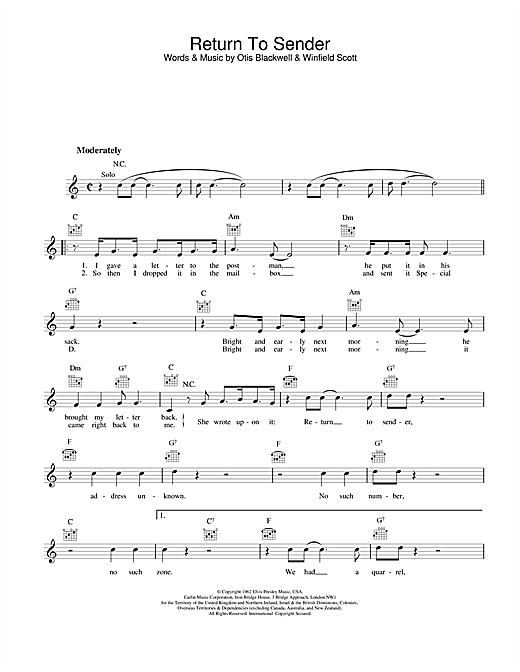 Preview Elvis Presley Return To Sender Pop sheet music, notes and chords for Melody Line, Lyrics & Chords, SKU: 25156 sheet music, piano notes, chords, guitar tabs, score, transpose, transcribe, how to play, guide, download, learn, tutorial, progression, song, artist, awards, billboard, mtv, vh1, tour, single, album, release