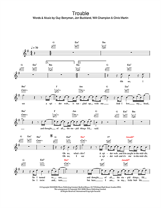 Preview Coldplay Trouble Pop sheet music, notes and chords for Melody Line, Lyrics & Chords, SKU: 25157 sheet music, piano notes, chords, guitar tabs, score, transpose, transcribe, how to play, guide, download, learn, tutorial, progression, song, artist, awards, billboard, mtv, vh1, tour, single, album, release