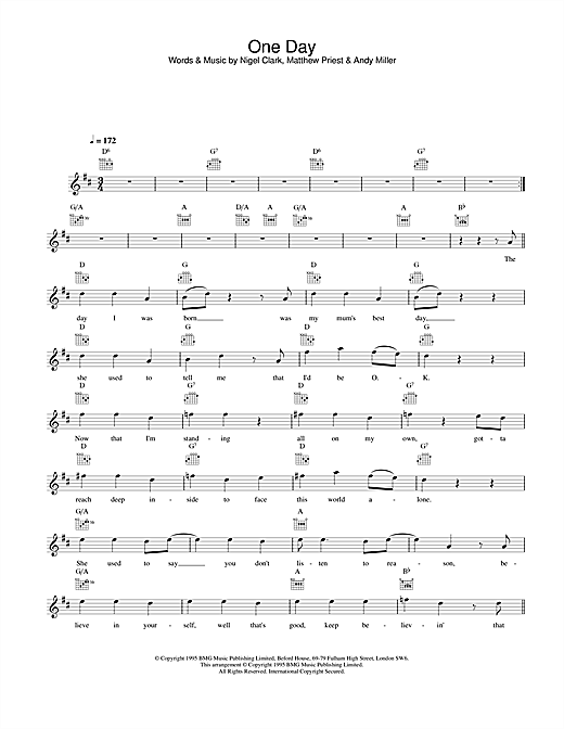 Preview Dodgy One Day Rock sheet music, notes and chords for Melody Line, Lyrics & Chords, SKU: 25158 sheet music, piano notes, chords, guitar tabs, score, transpose, transcribe, how to play, guide, download, learn, tutorial, progression, song, artist, awards, billboard, mtv, vh1, tour, single, album, release