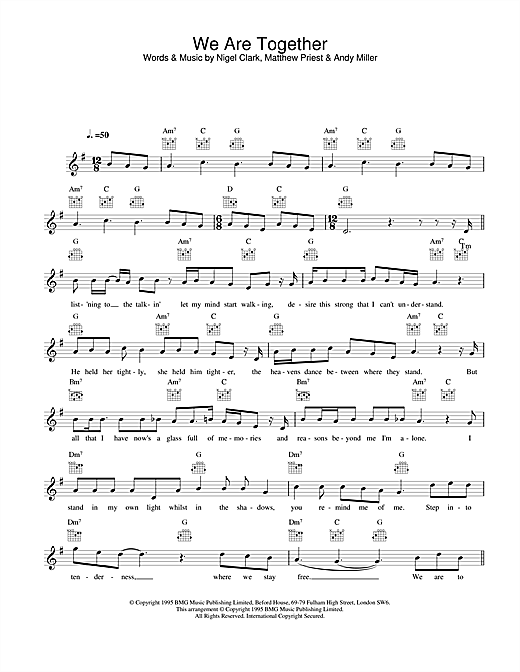 Preview Dodgy We Are Together Rock sheet music, notes and chords for Melody Line, Lyrics & Chords, SKU: 25160 sheet music, piano notes, chords, guitar tabs, score, transpose, transcribe, how to play, guide, download, learn, tutorial, progression, song, artist, awards, billboard, mtv, vh1, tour, single, album, release