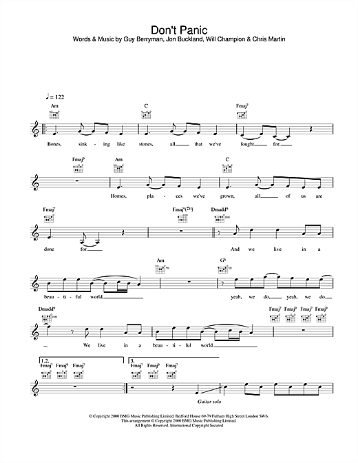 Preview Coldplay Don't Panic Pop sheet music, notes and chords for Melody Line, Lyrics & Chords, SKU: 25163 sheet music, piano notes, chords, guitar tabs, score, transpose, transcribe, how to play, guide, download, learn, tutorial, progression, song, artist, awards, billboard, mtv, vh1, tour, single, album, release
