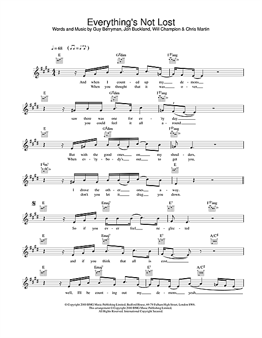 Preview Coldplay Everything's Not Lost Pop sheet music, notes and chords for Melody Line, Lyrics & Chords, SKU: 25164 sheet music, piano notes, chords, guitar tabs, score, transpose, transcribe, how to play, guide, download, learn, tutorial, progression, song, artist, awards, billboard, mtv, vh1, tour, single, album, release