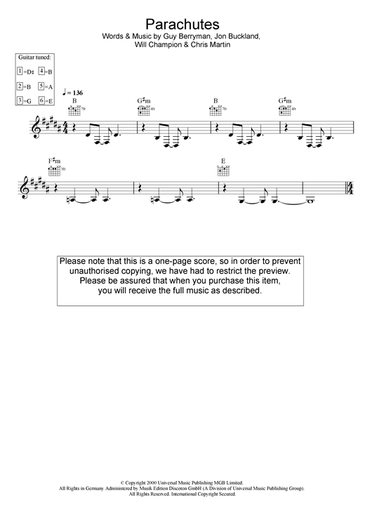 Preview Coldplay Parachutes Pop sheet music, notes and chords for Melody Line, Lyrics & Chords, SKU: 25166 sheet music, piano notes, chords, guitar tabs, score, transpose, transcribe, how to play, guide, download, learn, tutorial, progression, song, artist, awards, billboard, mtv, vh1, tour, single, album, release