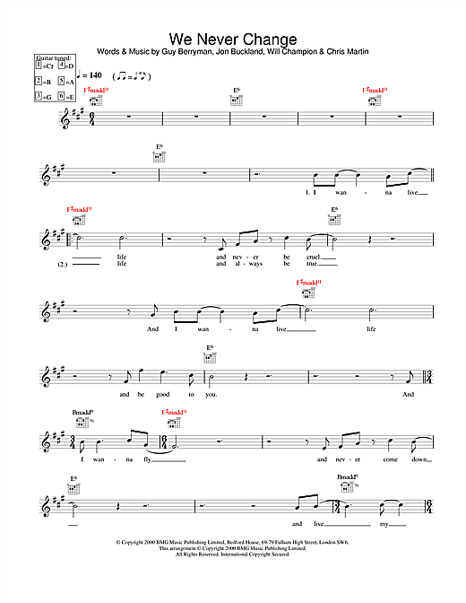 Preview Coldplay We Never Change Pop sheet music, notes and chords for Melody Line, Lyrics & Chords, SKU: 25167 sheet music, piano notes, chords, guitar tabs, score, transpose, transcribe, how to play, guide, download, learn, tutorial, progression, song, artist, awards, billboard, mtv, vh1, tour, single, album, release