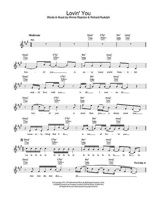 Preview Minnie Riperton Lovin' You Soul sheet music, notes and chords for Melody Line, Lyrics & Chords, SKU: 25168 sheet music, piano notes, chords, guitar tabs, score, transpose, transcribe, how to play, guide, download, learn, tutorial, progression, song, artist, awards, billboard, mtv, vh1, tour, single, album, release