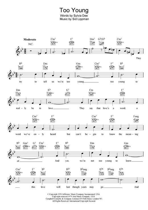 Preview Nat King Cole Too Young Easy Listening sheet music, notes and chords for Melody Line, Lyrics & Chords, SKU: 25169 sheet music, piano notes, chords, guitar tabs, score, transpose, transcribe, how to play, guide, download, learn, tutorial, progression, song, artist, awards, billboard, mtv, vh1, tour, single, album, release