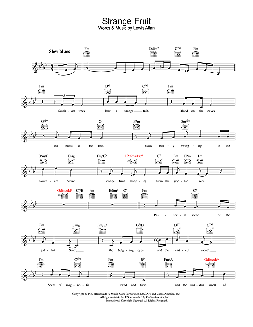 Preview Billie Holiday Strange Fruit Jazz sheet music, notes and chords for Melody Line, Lyrics & Chords, SKU: 25172 sheet music, piano notes, chords, guitar tabs, score, transpose, transcribe, how to play, guide, download, learn, tutorial, progression, song, artist, awards, billboard, mtv, vh1, tour, single, album, release