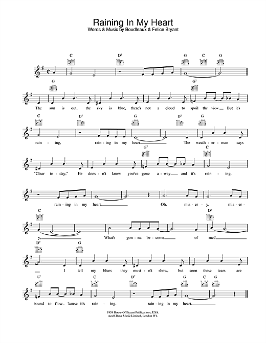 Preview Buddy Holly Raining In My Heart Rock N Roll sheet music, notes and chords for Melody Line, Lyrics & Chords, SKU: 25173 sheet music, piano notes, chords, guitar tabs, score, transpose, transcribe, how to play, guide, download, learn, tutorial, progression, song, artist, awards, billboard, mtv, vh1, tour, single, album, release